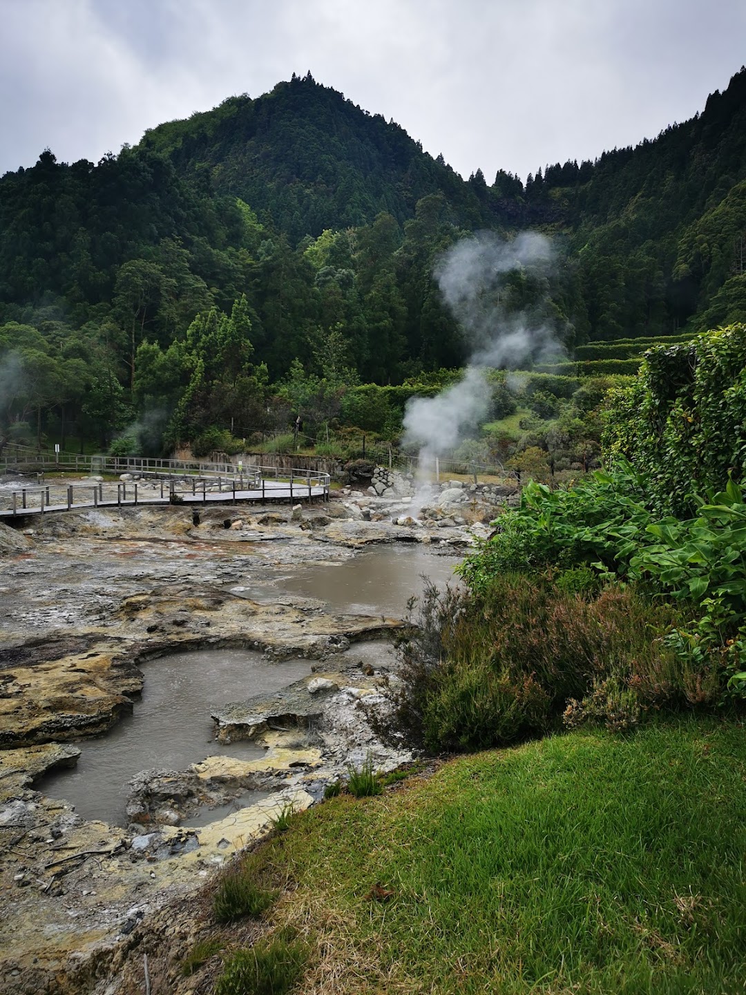 Thermal valley landscape and green hills around Furnas on Sao Miguel
